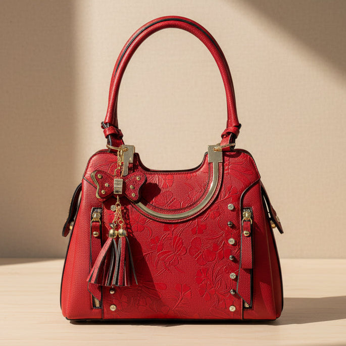 Temptation Italy Faux Leather Shoulder Bag. Floral & Butterfly Embossed Handbag - Boutique of Leathers/Open Road