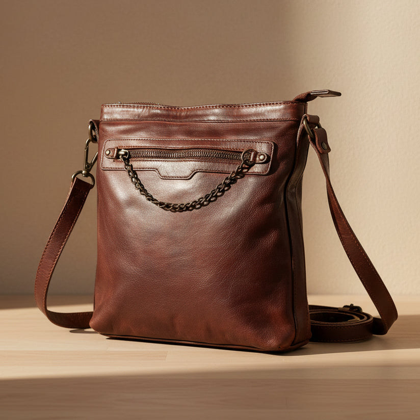 MET Premium Cow Leather Crossbody Bag with Chain Zipper Detail