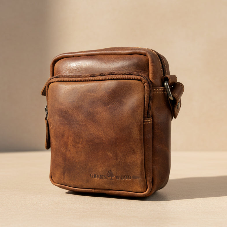 Greenwood Leather Mini-Messenger Bag. Premium Compact Crossbody Travel Organizer