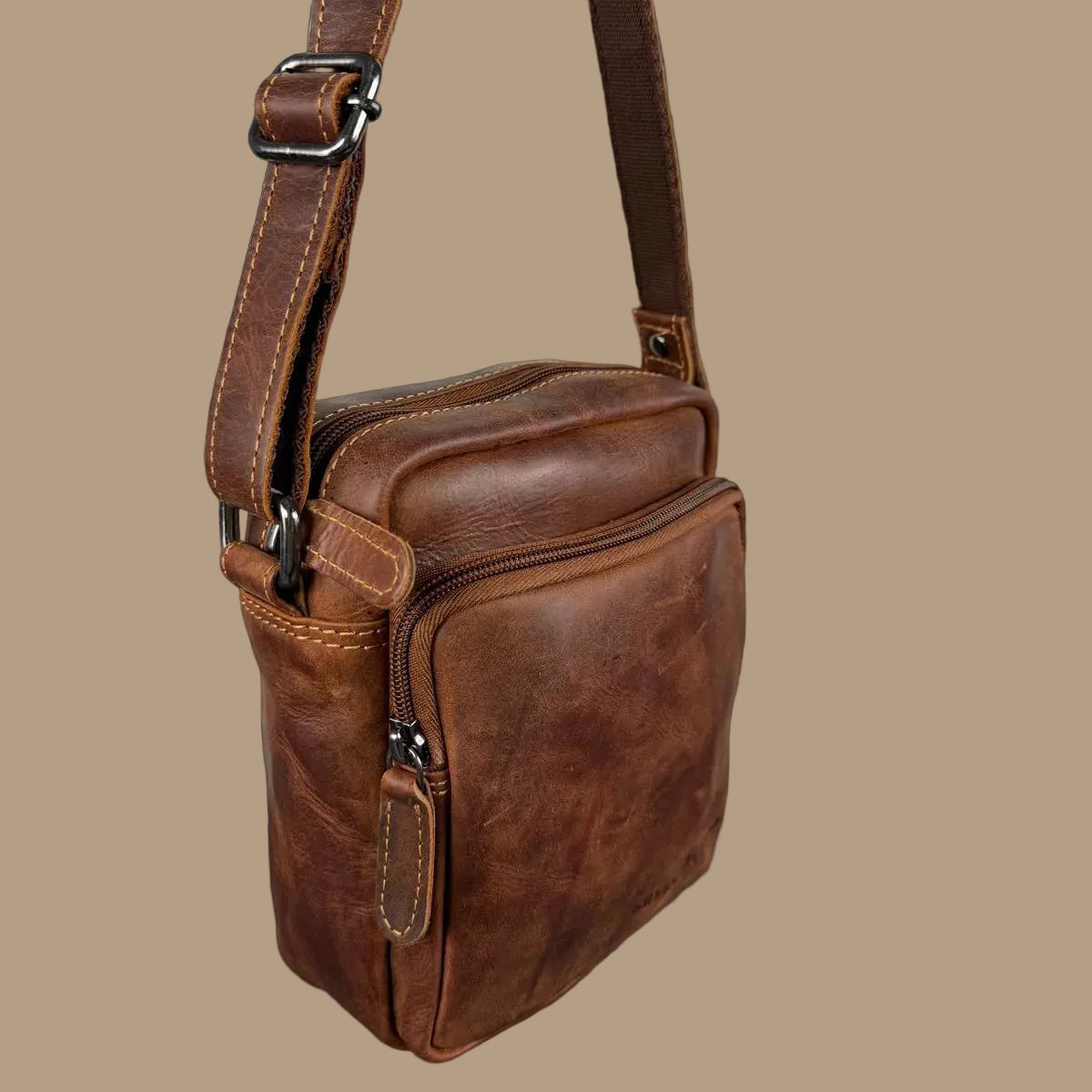 Greenwood Leather Mini-Messenger Bag. Premium Compact Crossbody Travel Organizer