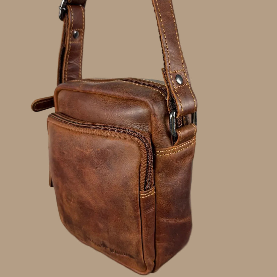 Greenwood Leather Mini-Messenger Bag. Premium Compact Crossbody Travel Organizer