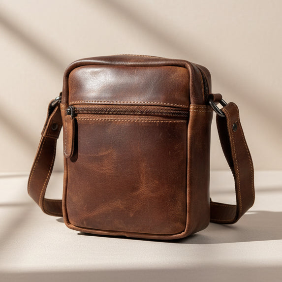 Greenwood Leather Mini-Messenger Bag. Premium Compact Crossbody Travel Organizer