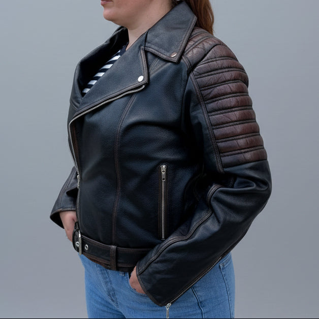 Open Road Women's Genuine Leather Two Tone Motorcycle Jacket - Boutique of Leathers/Open Road