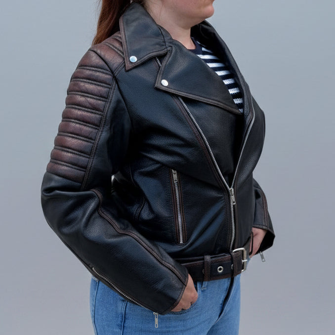 Open Road Women's Genuine Leather Two Tone Motorcycle Jacket - Boutique of Leathers/Open Road