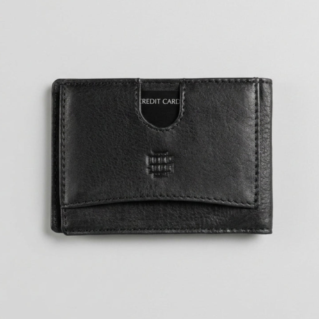 A black leather credit card holder wallet with a vertical card slot and an embossed logo