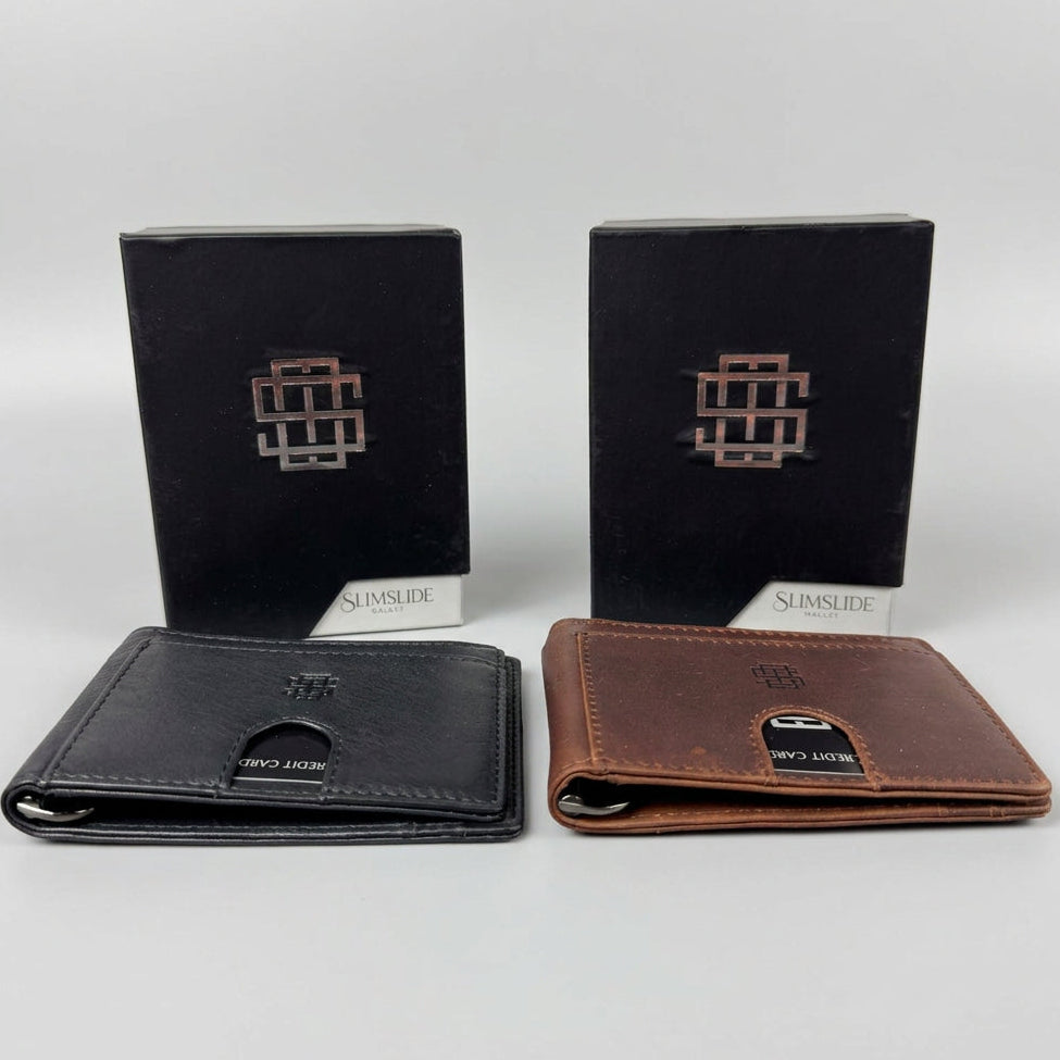 Two Sinsider slim bifold wallets, one black and one brown, displayed in front of their black packaging boxes 