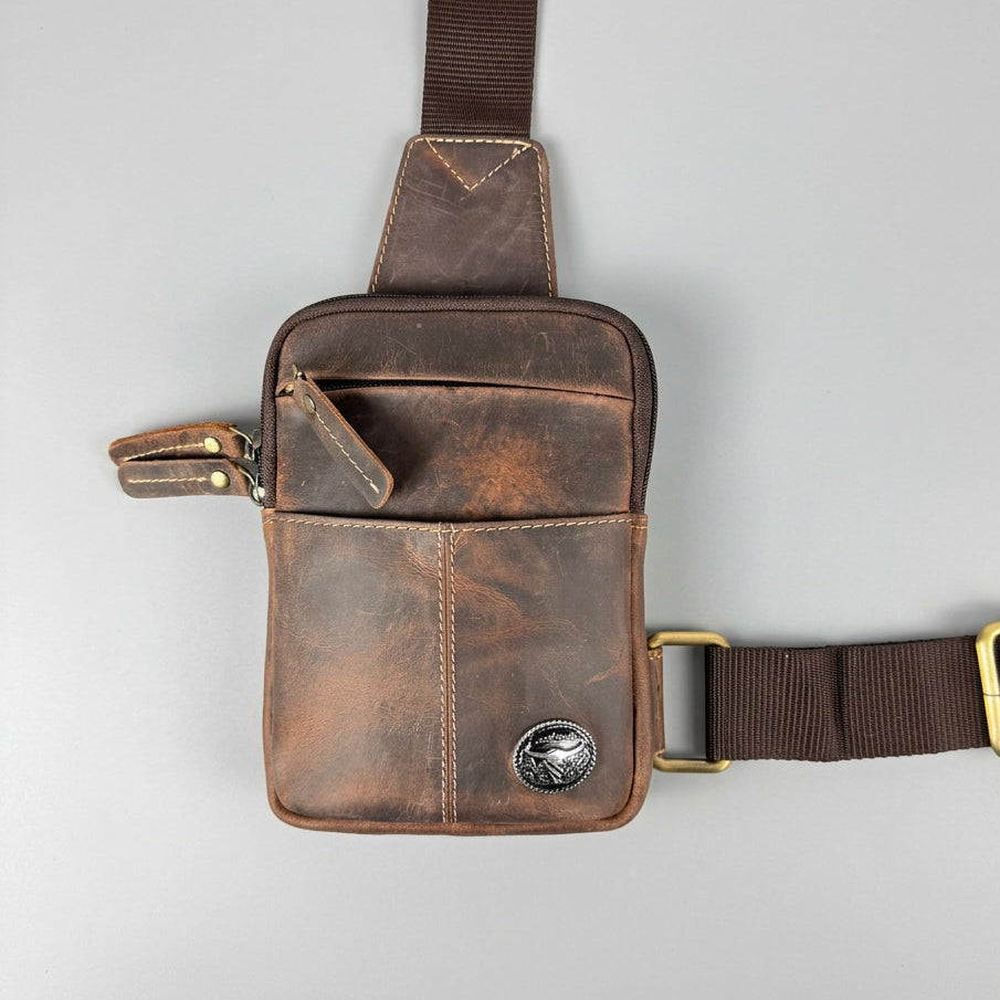 Dark Distressed Leather Compact Chest Bag | Crossbody Pack