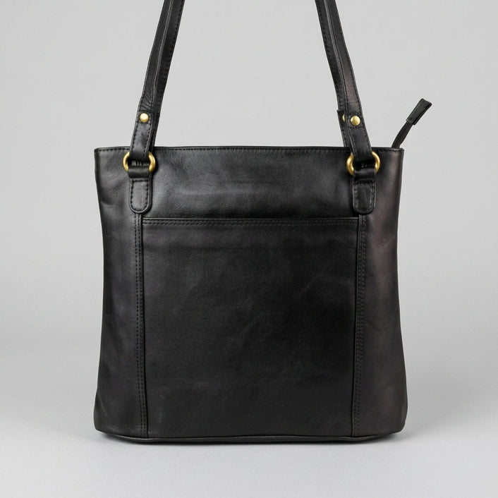 A black leather shoulder bag with gold-tone hardware