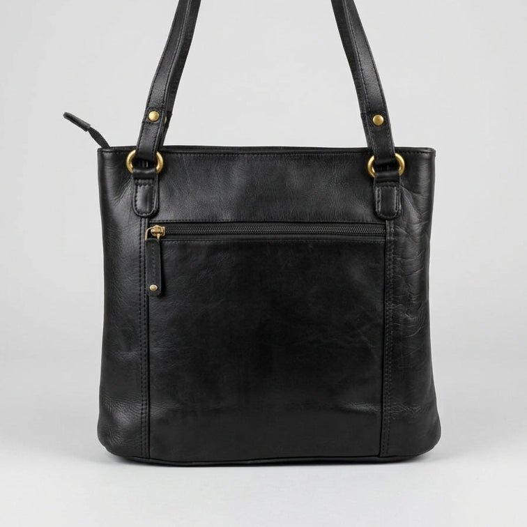 Black leather shoulder bag with gold-tone hardware