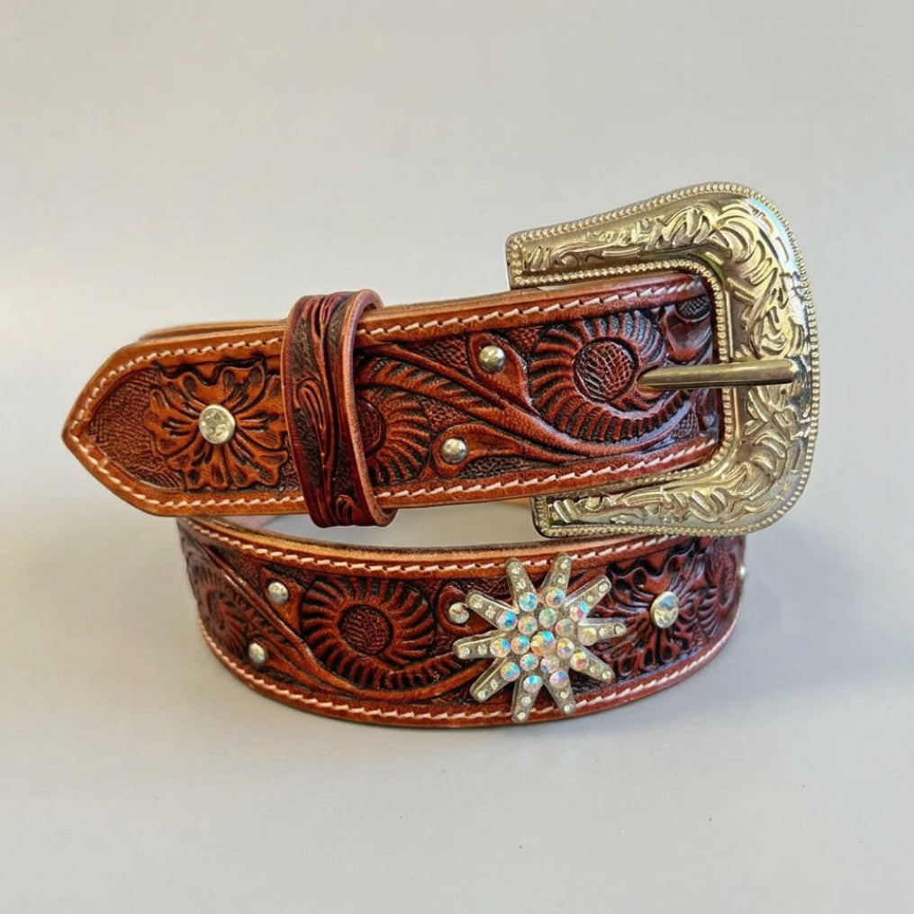 Women's Embossed Western Leather Belt with Bling Stars Women's Belts Boutique of Leathers/Open Road