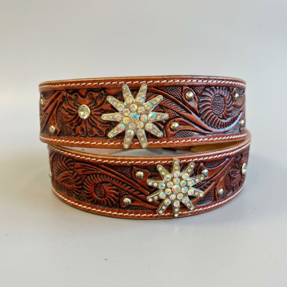 Women's Embossed Western Leather Belt with Bling Stars Women's Belts Boutique of Leathers/Open Road