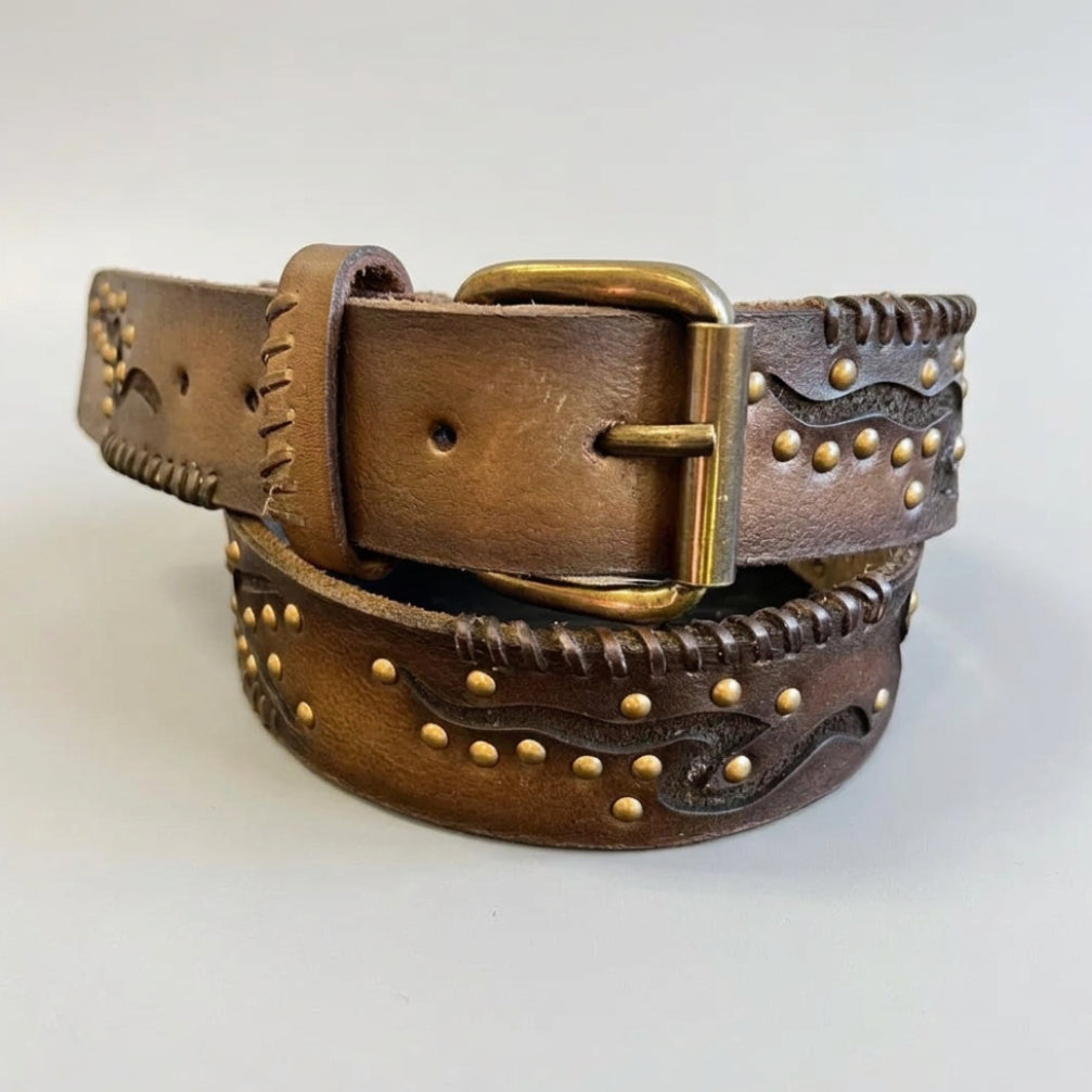 Women's Full Grain Leather Belt with Geometric Embossing & Studs - Boutique of Leathers/Open Road