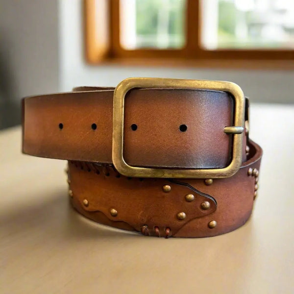 Women's Full Grain Leather Belt with Studs - Boutique of Leathers/Open