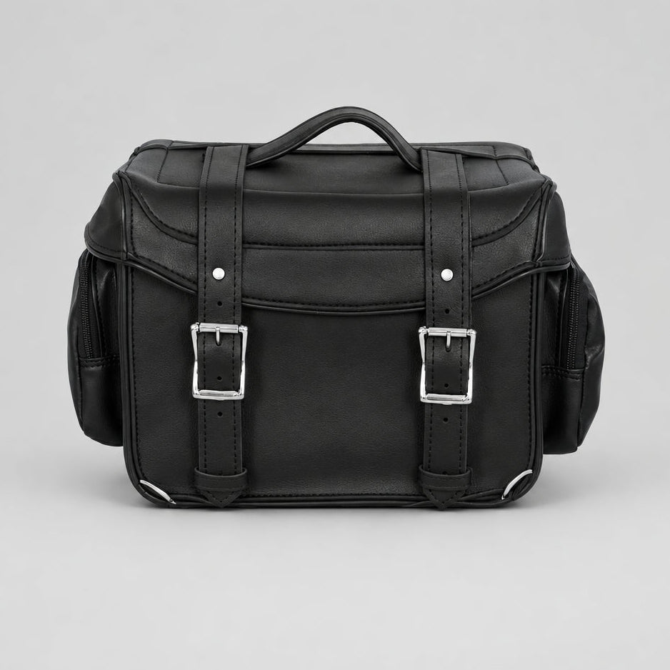 A black faux leather motorcycle saddle bag with silver buckle details