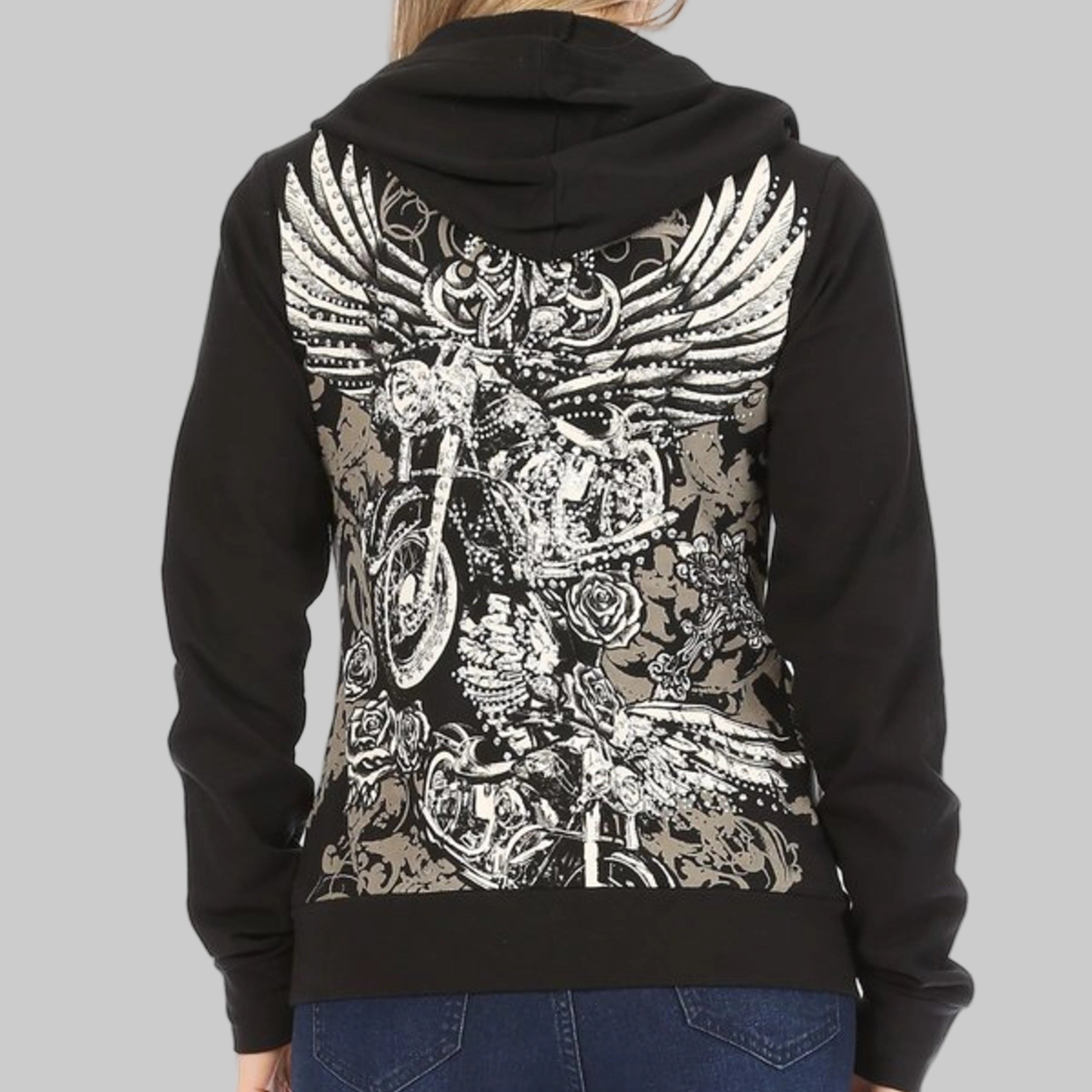 Women's Zip Up Hoodie with Angel Wings Print - Boutique of Leathers/Open Road
