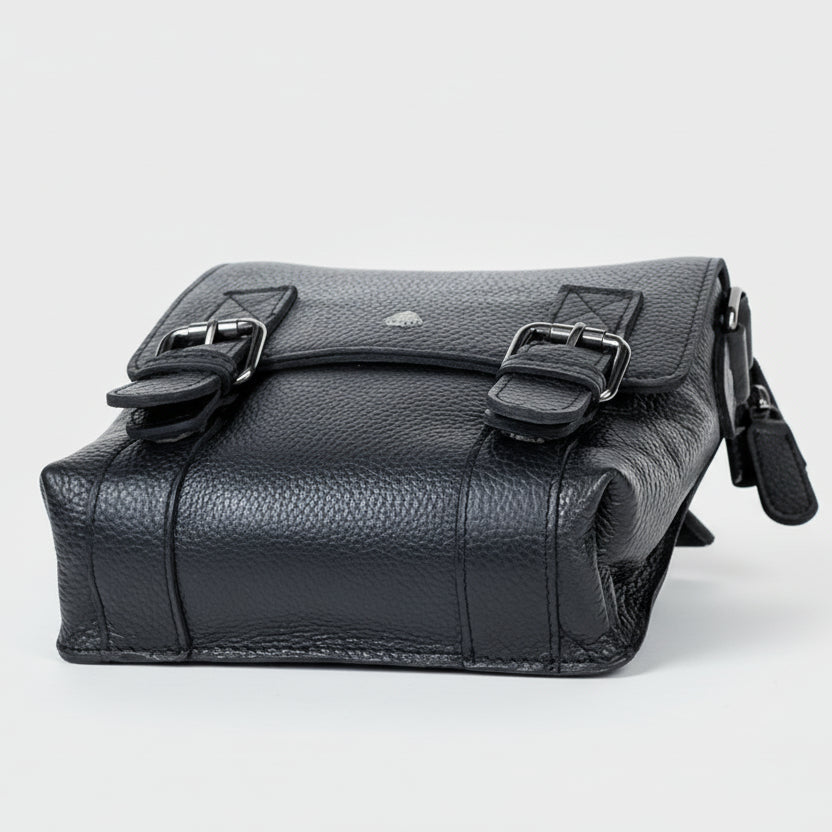 Greenwood Leather Small Messenger Bag. Genuine PDM Leather Vertical Crossbody with Buckle Flap