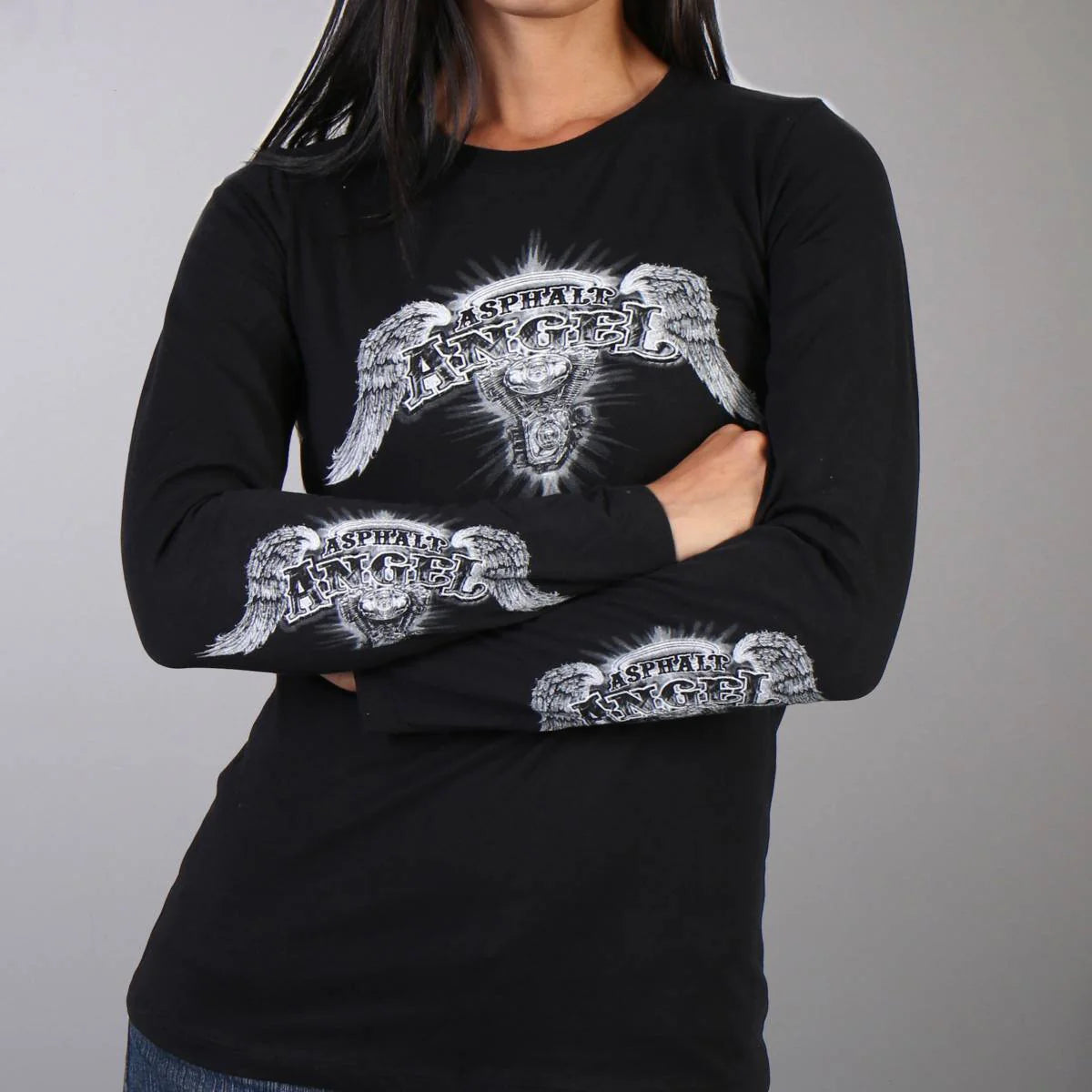Asphalt Angel Ladies Black Long Sleeve Shirt Double Sided Print Biker Tee
