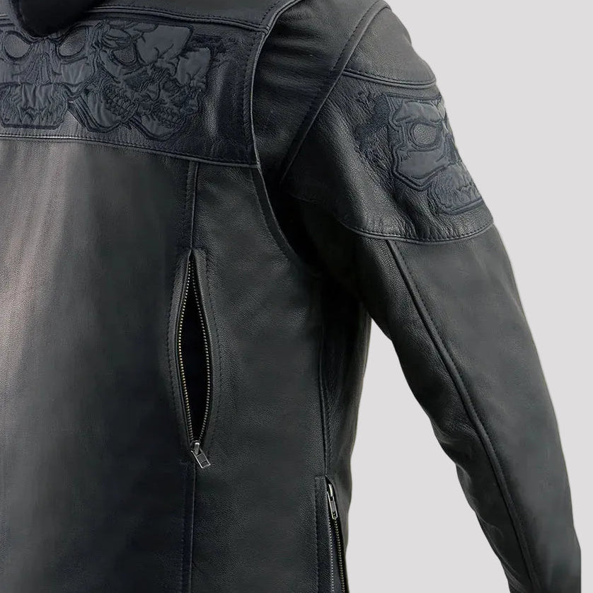 Black leather jacket with floral embroidery on a white background