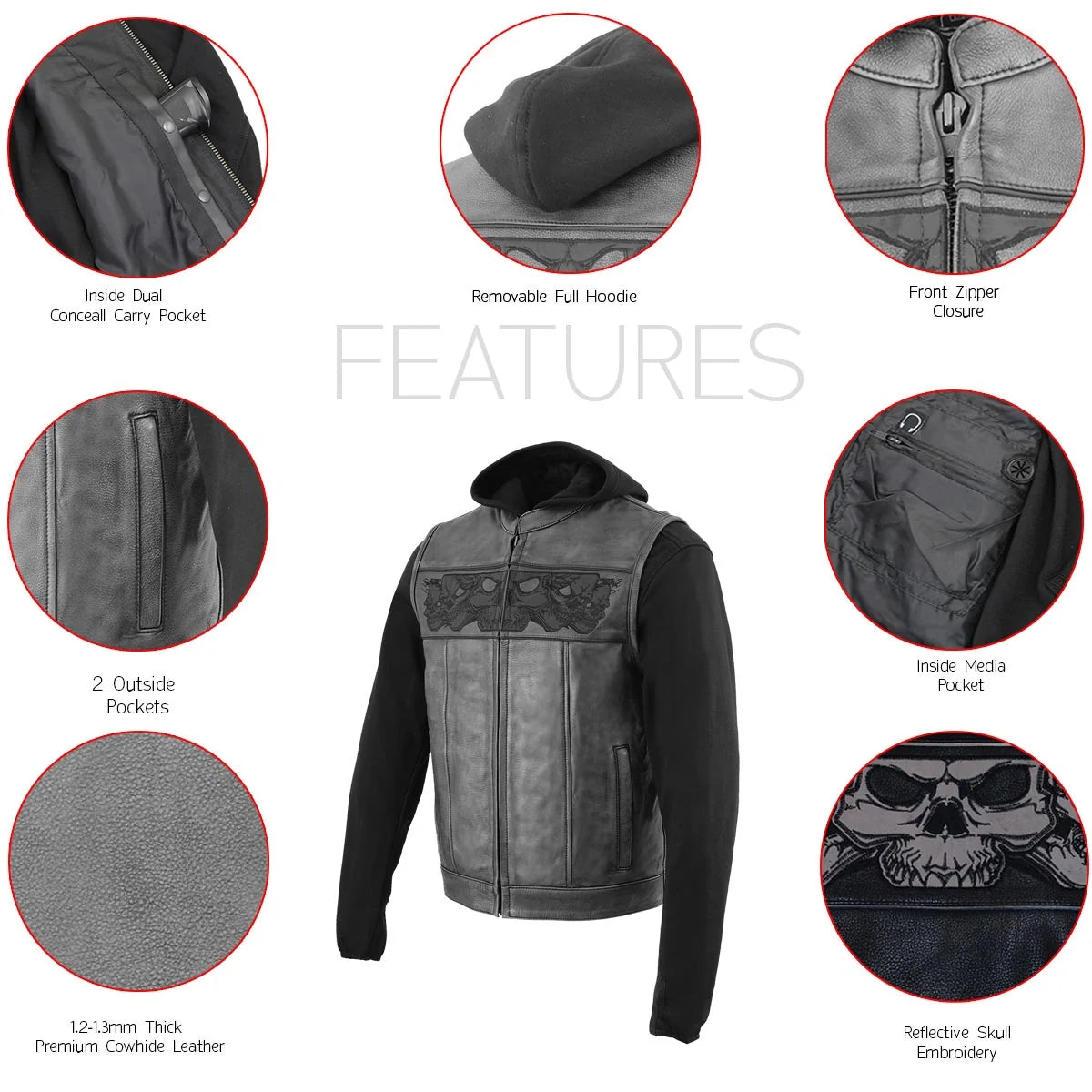 Milwaukee Leather Men's Black Leather Vest with Reflective Skulls & Full Hoodie Liner