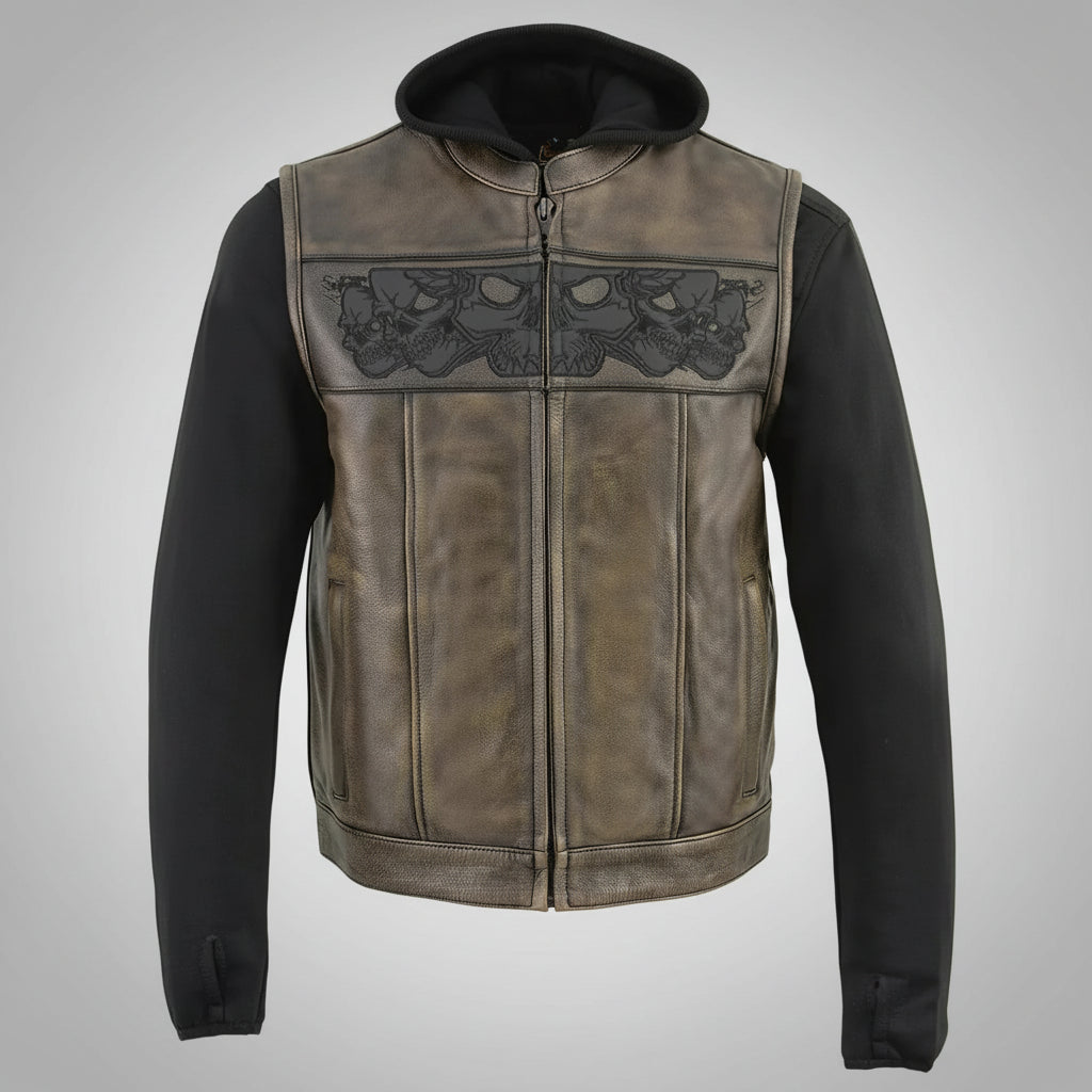 Milwaukee Leather Men's Skull Hoodie Leather Vest | 2-in-1 Moto Vest