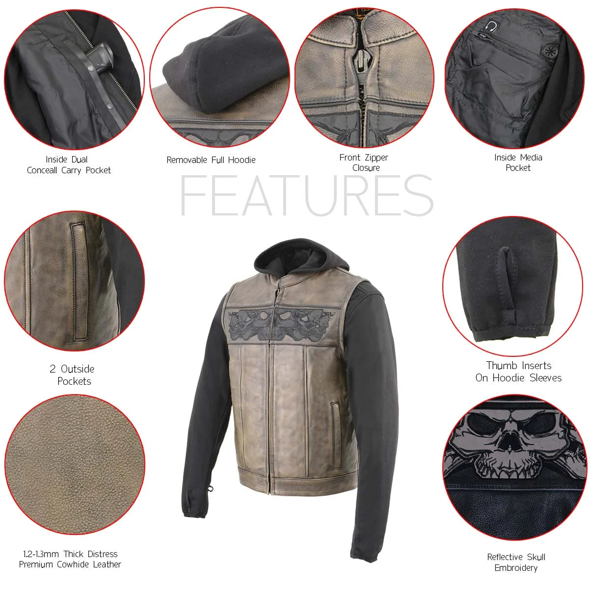 Milwaukee Leather Men's Skull Hoodie Leather Vest | 2-in-1 Moto Vest