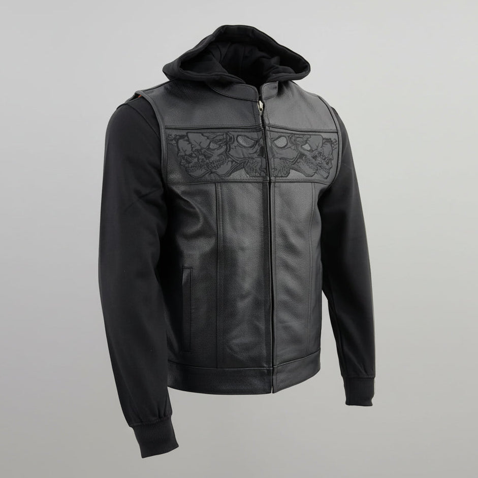 Black leather jacket with embroidered design on a white background