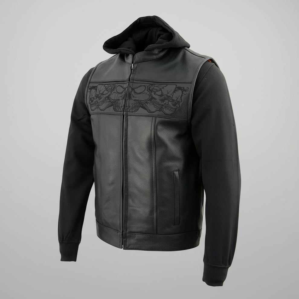 Milwaukee Leather Men's Black Leather Vest with Reflective Skulls & Full Hoodie Liner