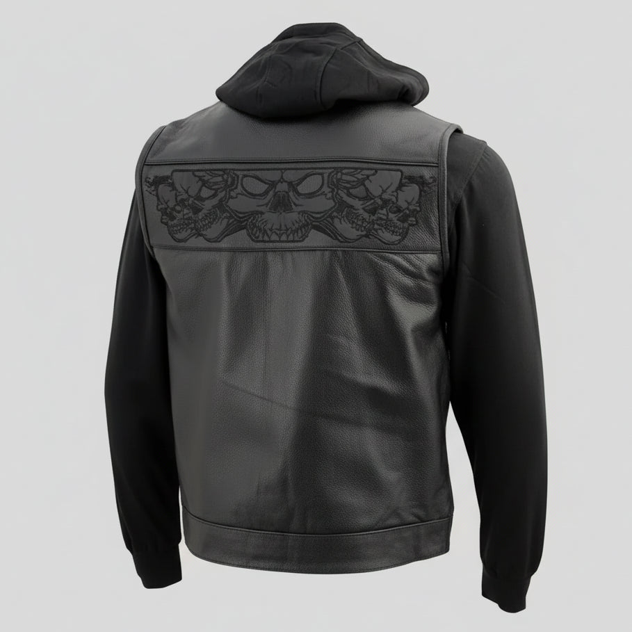 Milwaukee Leather Men's Black Leather Vest with Reflective Skulls & Full Hoodie Liner