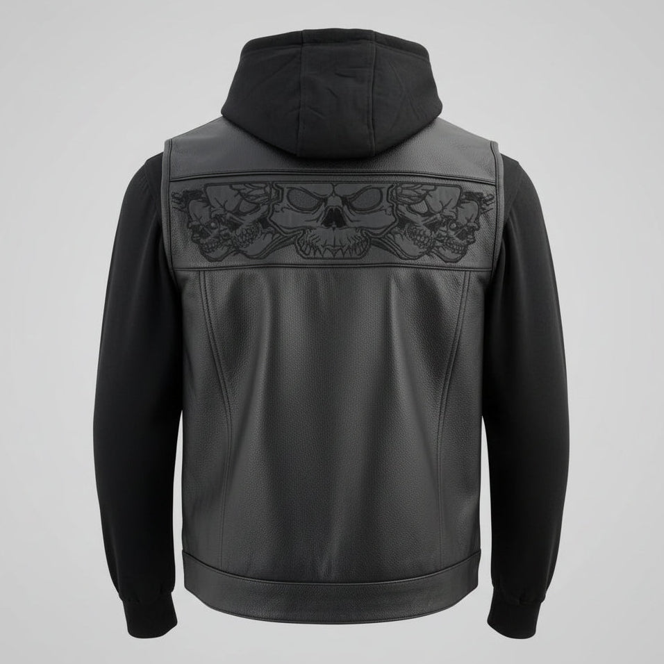 Black leather jacket with skull design on the back against a white background