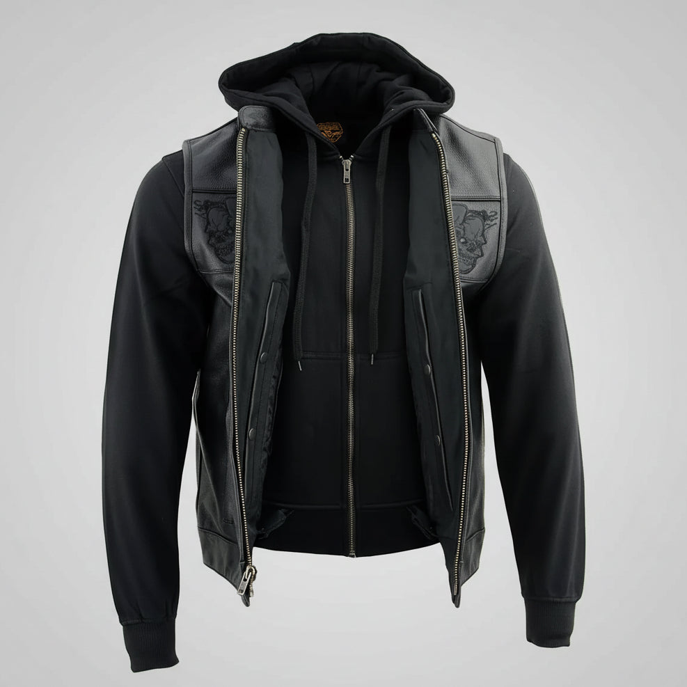 Milwaukee Leather Men's Black Leather Vest with Reflective Skulls & Full Hoodie Liner