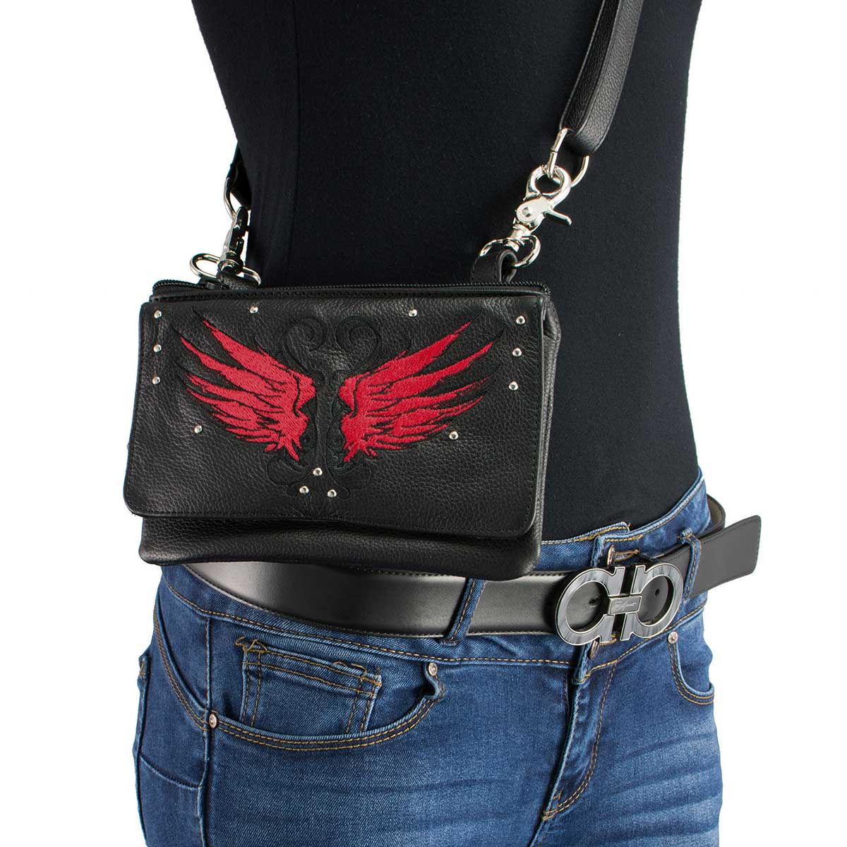 Milwaukee Leather Ladies Winged Leather Multi-Pocket Belt Bag