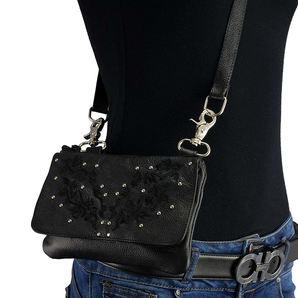 Milwaukee Leather Women's Flower Leather Multi-Pocket Belt Bag