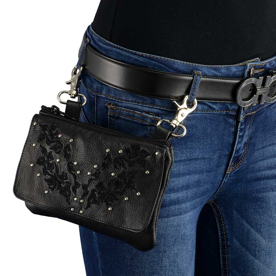 Milwaukee Leather Women's Flower Leather Multi-Pocket Belt Bag