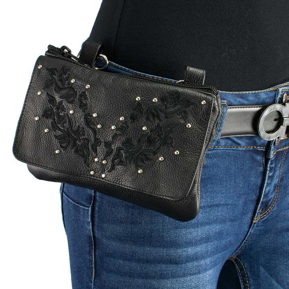 Milwaukee Leather Women's Flower Leather Multi-Pocket Belt Bag