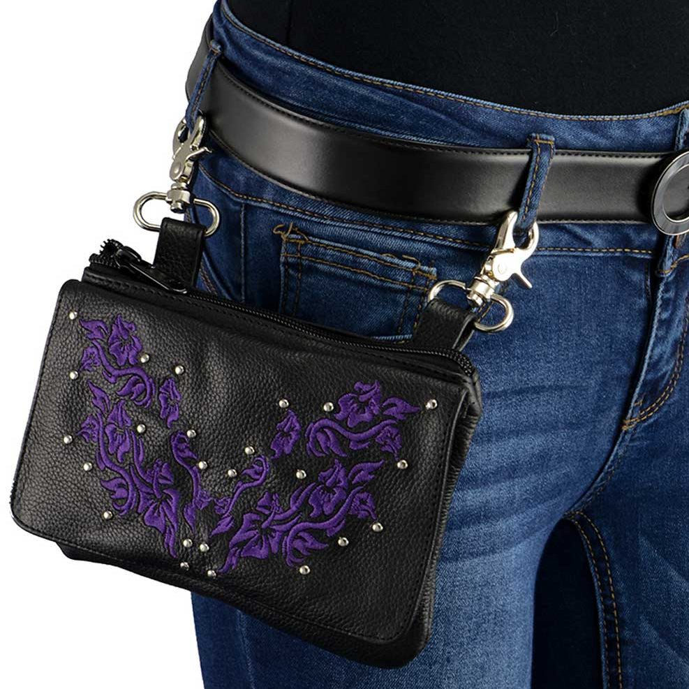 Milwaukee Leather Women's Flower Leather Multi-Pocket Belt Bag