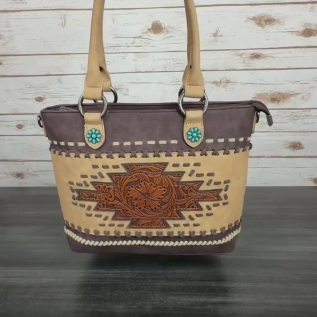 Montana West Western Tooled Aztec Tote. Structured PU Leather