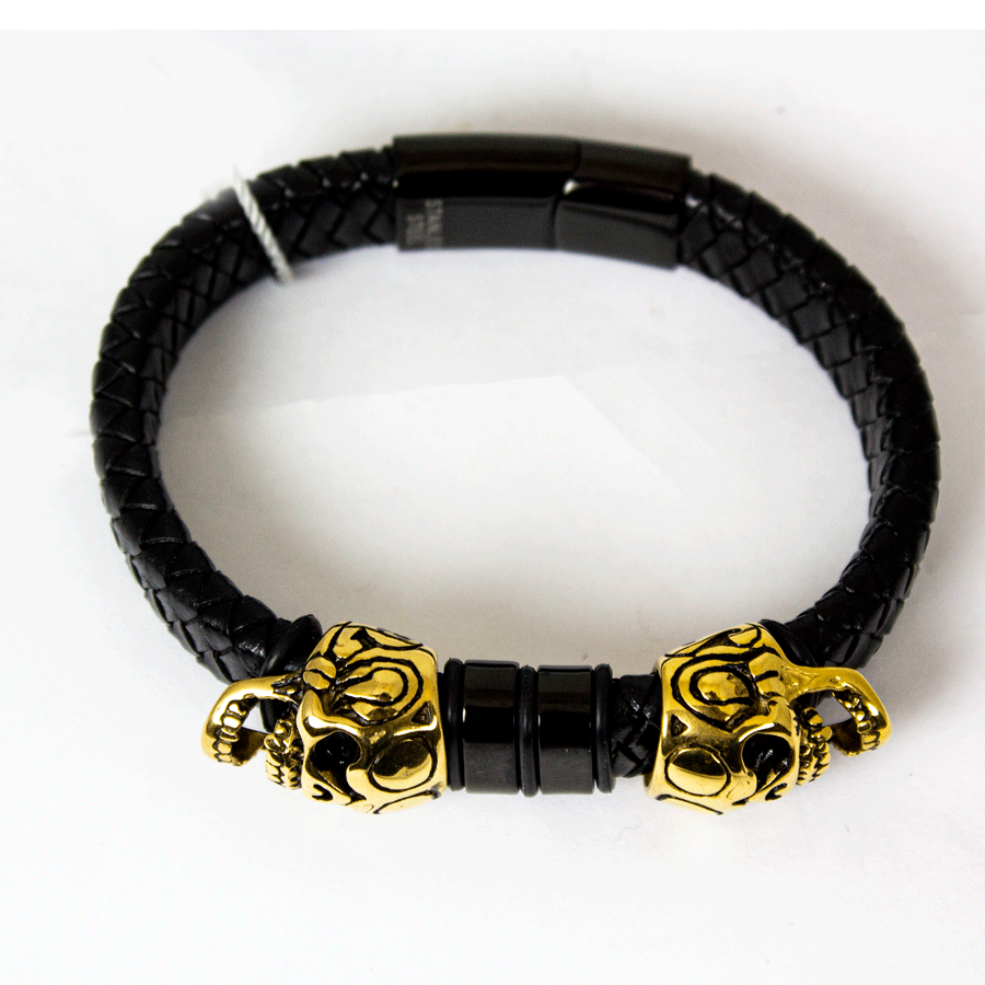 BOL Men's Braided Leather Skull Charm Bracelet
