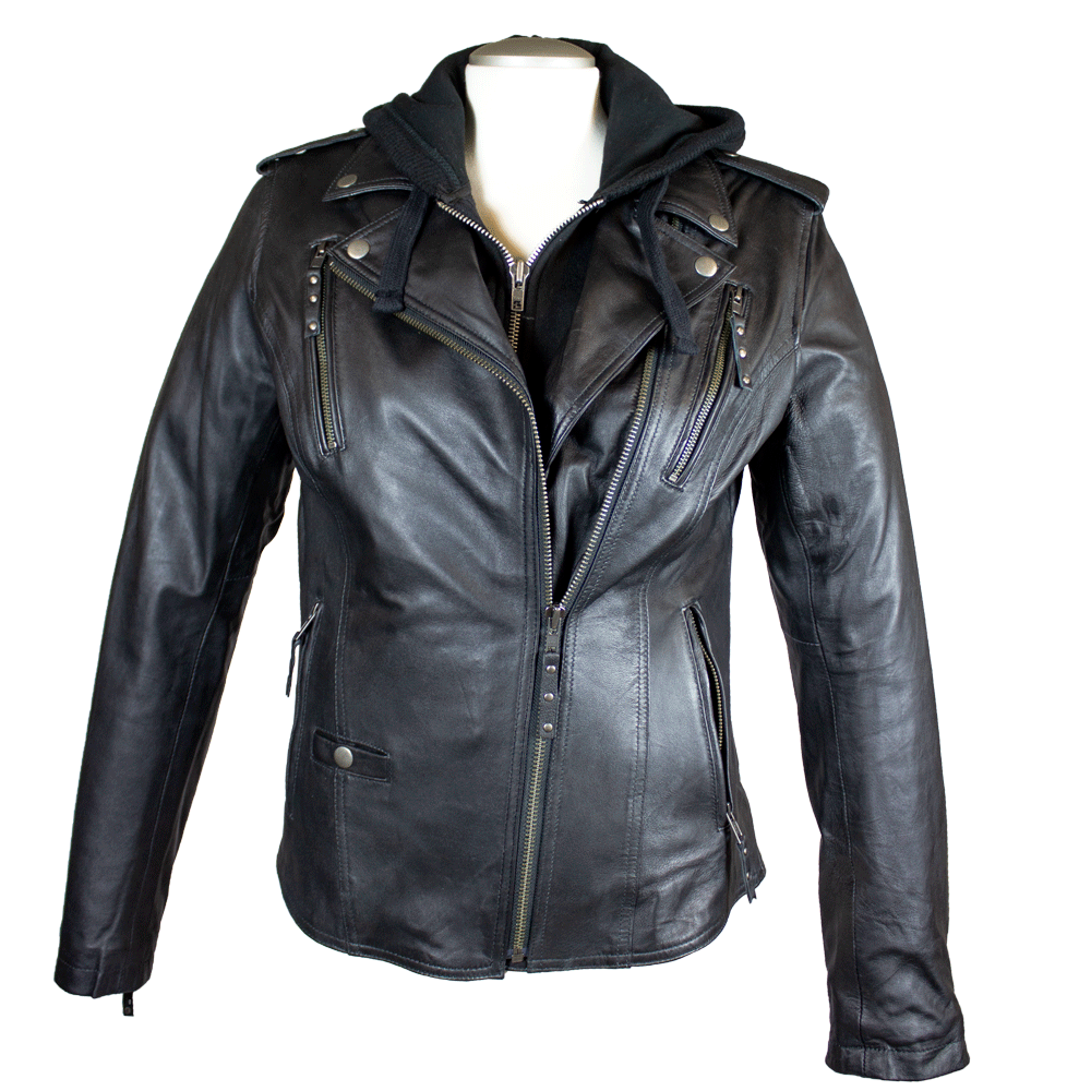 Open Road Women's Hooded Classic Leather Motorcycle Jacket