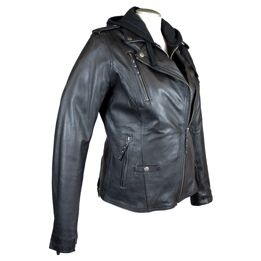 Open Road Women's Hooded Classic Leather Motorcycle Jacket