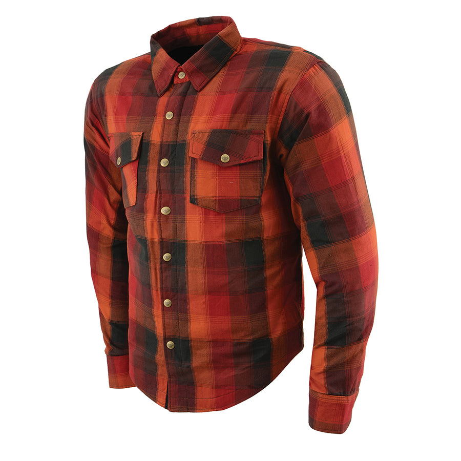 Milwaukee Leather Men's Red & Orange Armored Flannel Biker Shirt w/ Reinforced Fibers