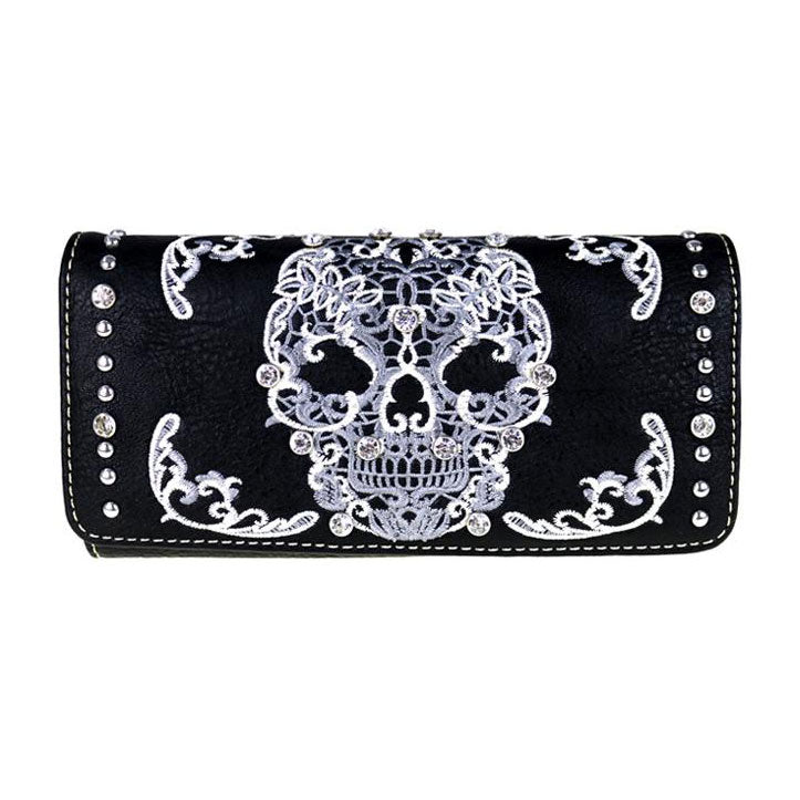 Women's Sugar Skull Embroidered Trifold Wallet