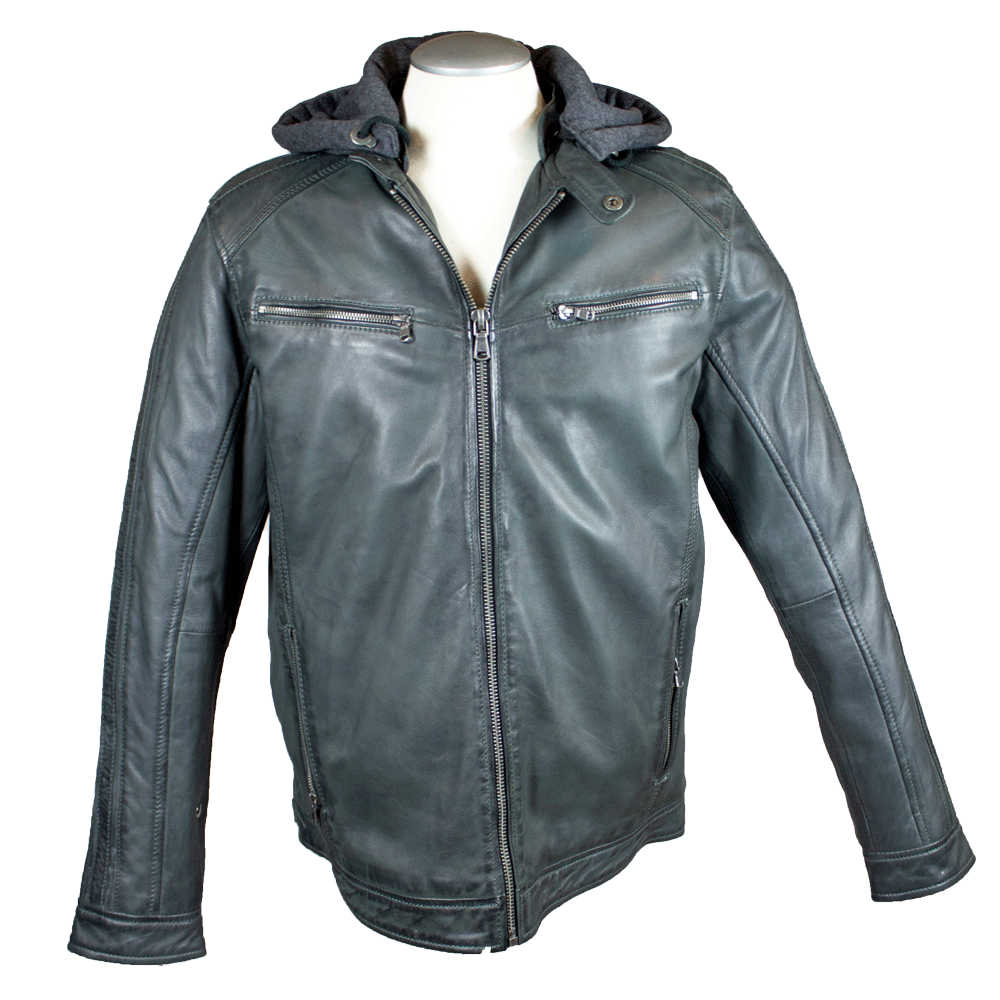BOL Men's Hooded Snap Collar Leather Jacket