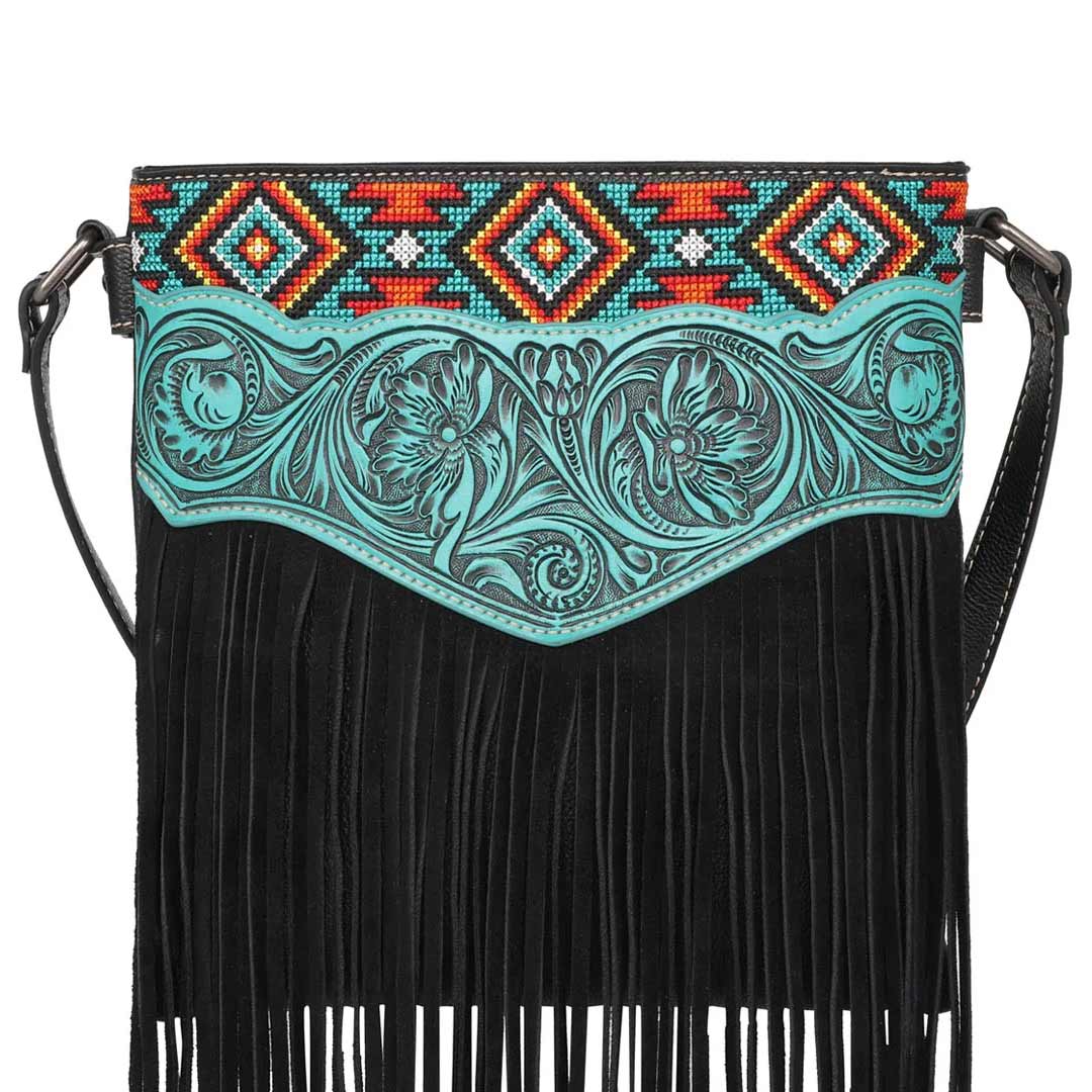 Tassel WESTERN LEATHER PURSE Stone, Boho Fringe Bag, Tooled Flower Saddle  Bag