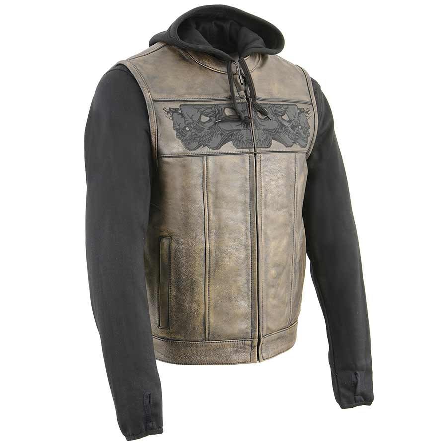 Open Road Men's Skull Hoodie Leather Vest